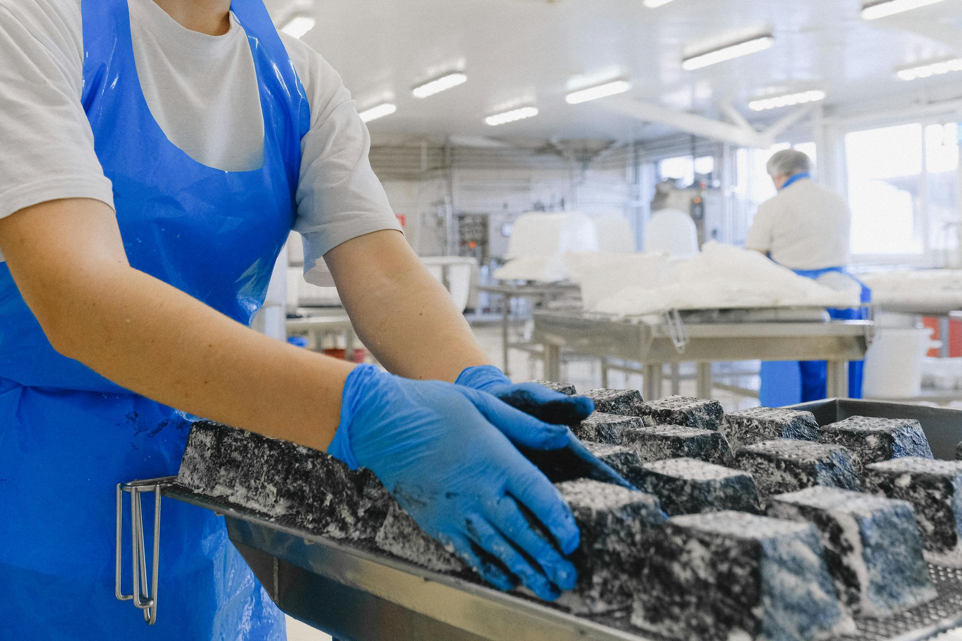 Osoba w niebieskich rękawiczkach i fartuchu pracująca nad blokami sera w zakładzie przetwórstwa żywności.