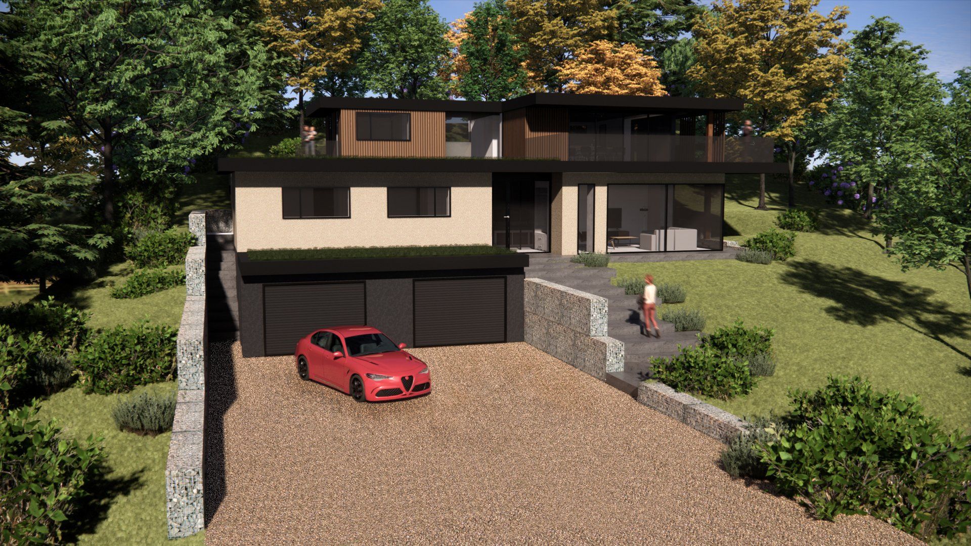 Esdon Architecture - Eco Home rendered image, new build front view Esdon Architecture. Hampshire and Wiltshire Architect. Rendered image new build eco home. Solar panels Passiv House concept.