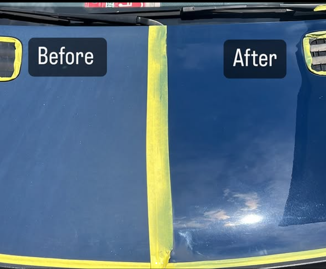 A before and after picture of a blue car