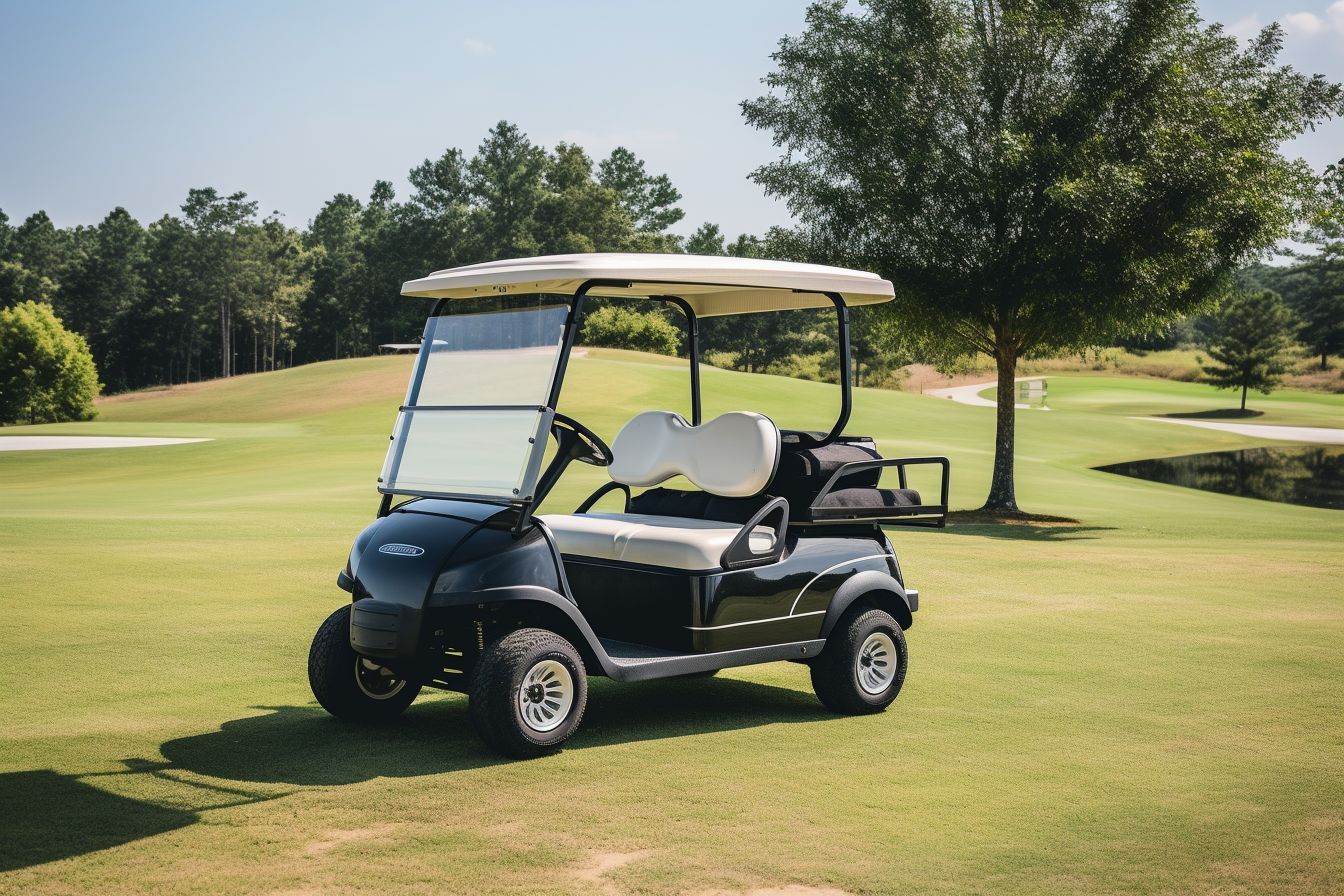 A black and white golf cart is parked on a golf course.