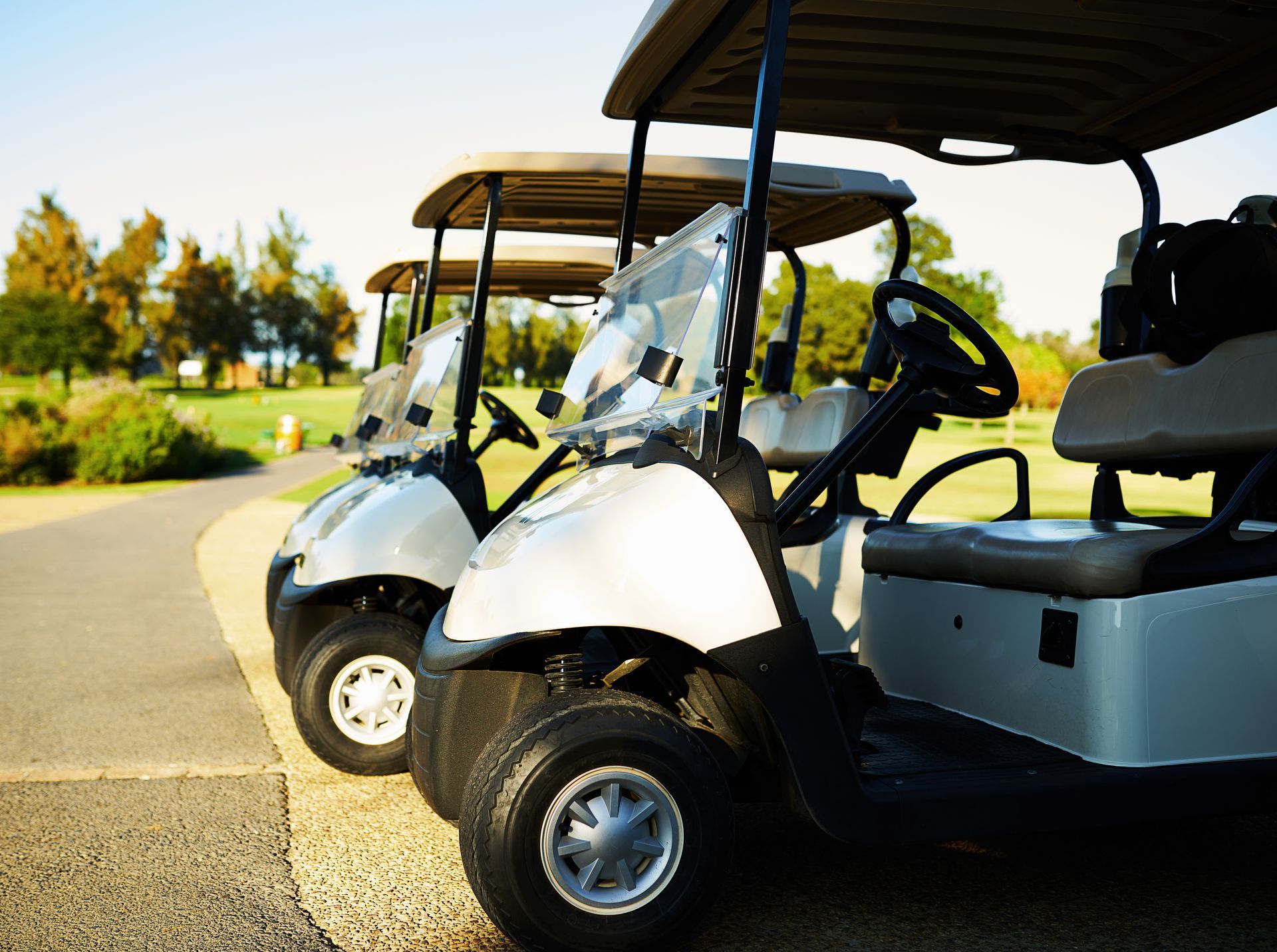A row of golf carts are parked on the side of a road.