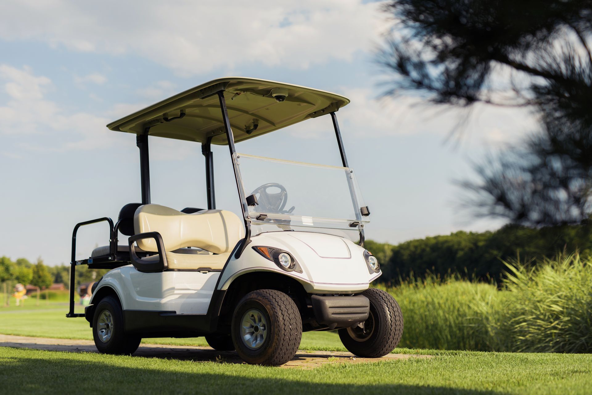 A white golf cart is parked on the grass on a golf course.