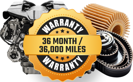 Warranty badge over engine parts, offering a 36-month/36,000-mile warranty.