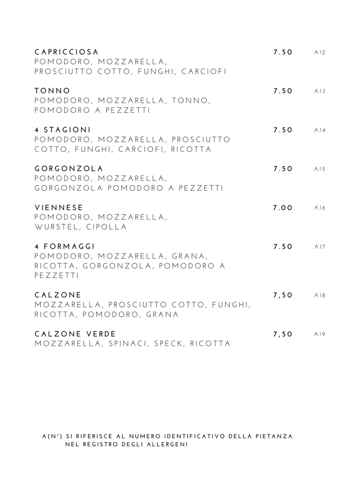 menù del ristorante