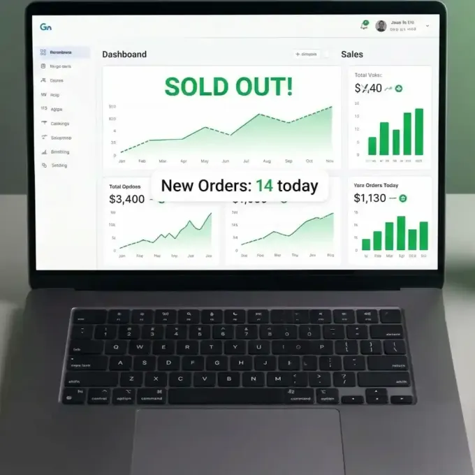 Un ordinateur portable affichant un tableau de bord des ventes est posé sur le bureau