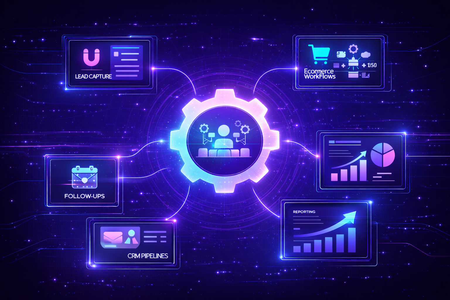 Digital gear icon surrounded by glowing UI panels displaying data and icons on a purple background.