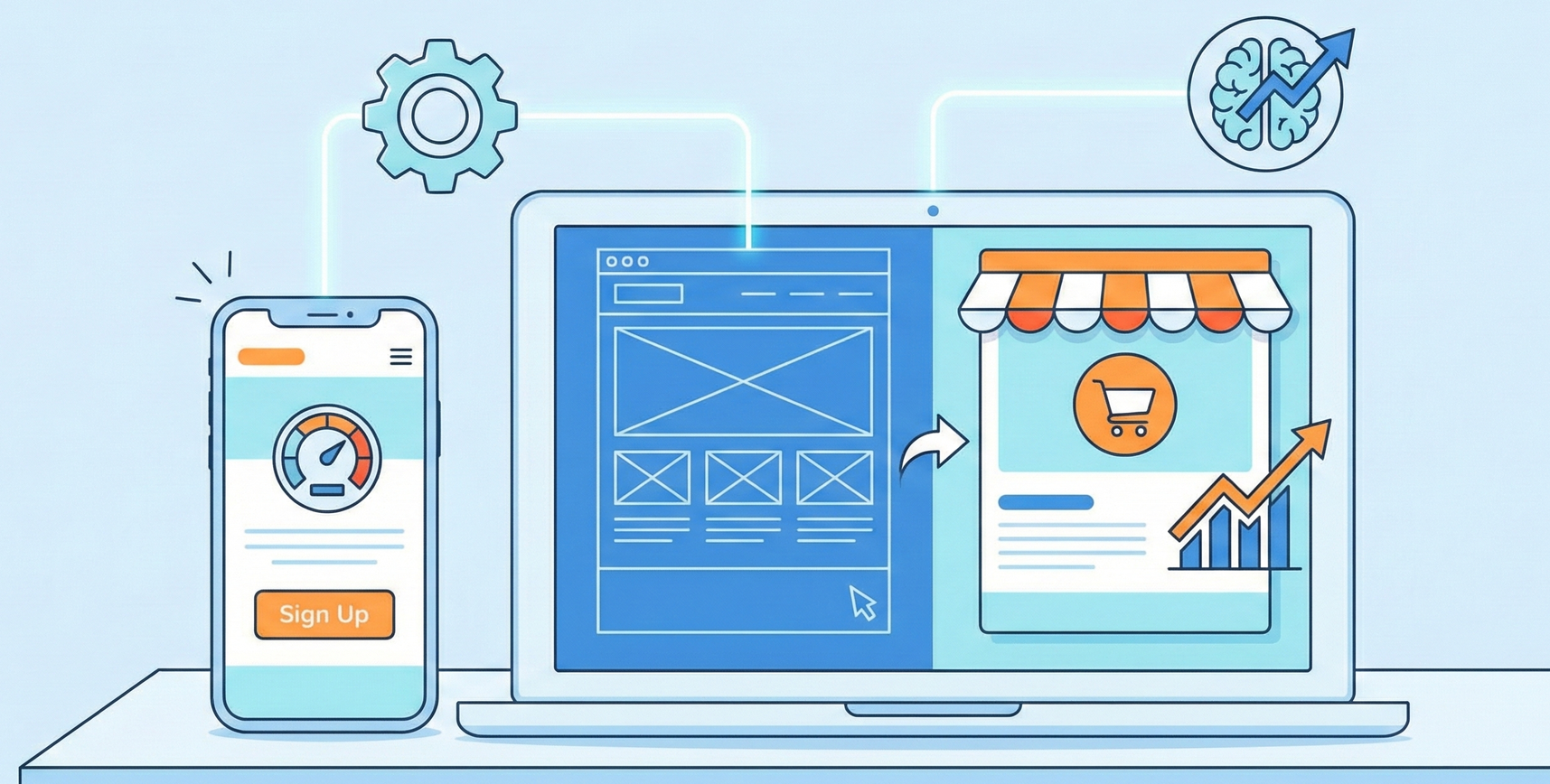 Mobile app and website design, e-commerce concepts. Laptop and phone linked, with growth graph and cogwheel.
