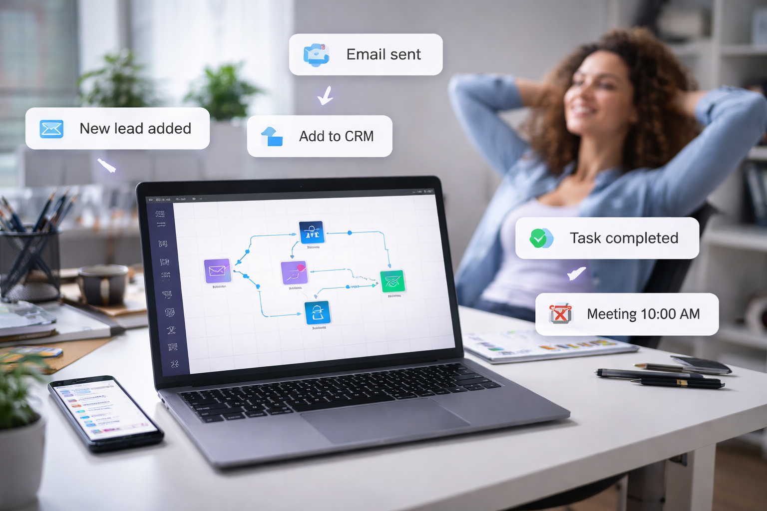 A woman relaxes at a desk while a laptop screen displays an automated workflow.