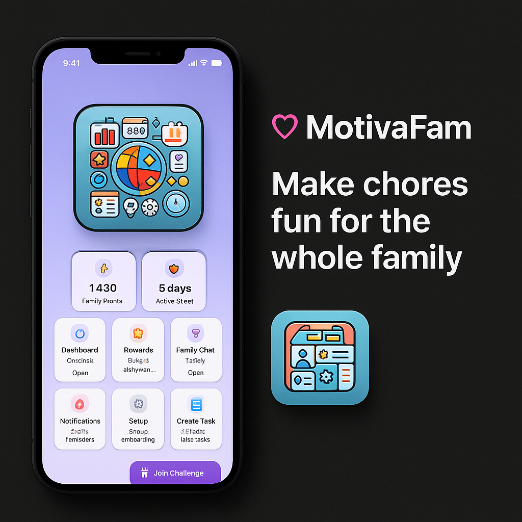 MotivaFam app on phone with chore management features; colorful interface. Text: 