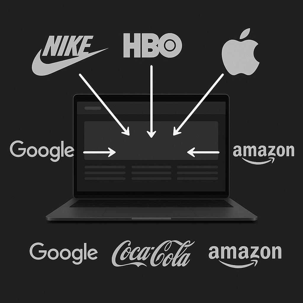Logos of Nike, HBO, and Apple pointing toward a laptop screen, with Google, Amazon, and Coca-Cola at the bottom.