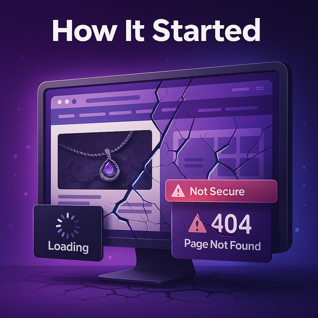 A cracked computer screen displaying a website with a necklace, “Not Secure” warning, and 404 error.