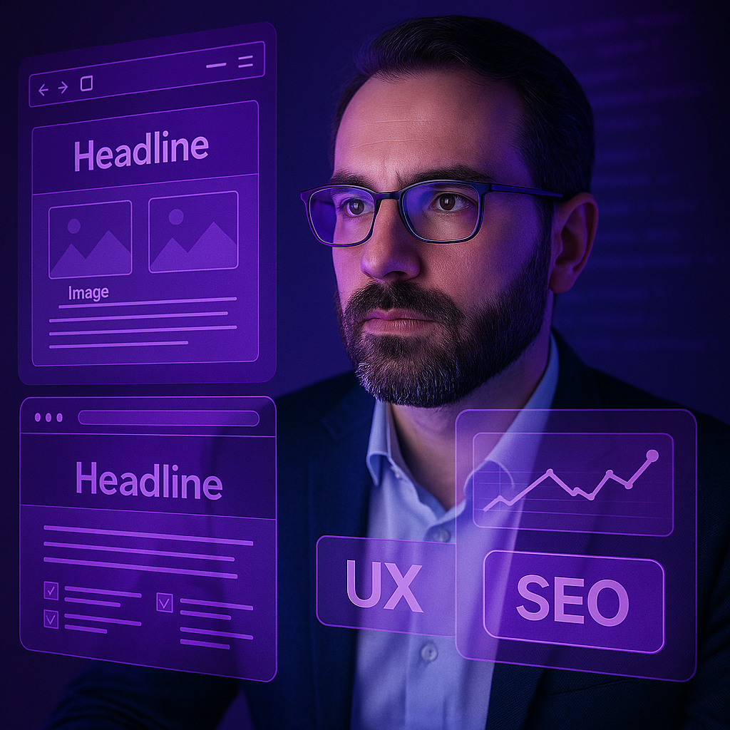 Man wearing glasses and suit, looking at holographic UX and SEO elements. Dark purple background.