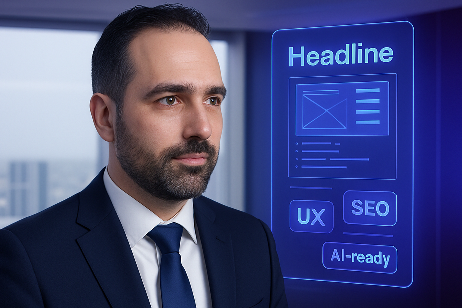 Man in suit looking at digital interface: headline, UX, SEO, AI-ready, near window.