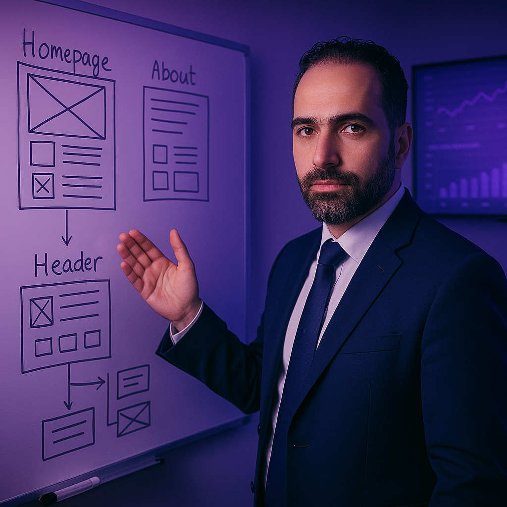 Man in suit pointing to a website wireframe diagram on a whiteboard.