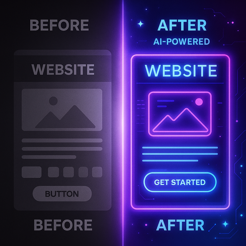 Before, a dark grayscale outline; After, neon blue and purple interface with a 