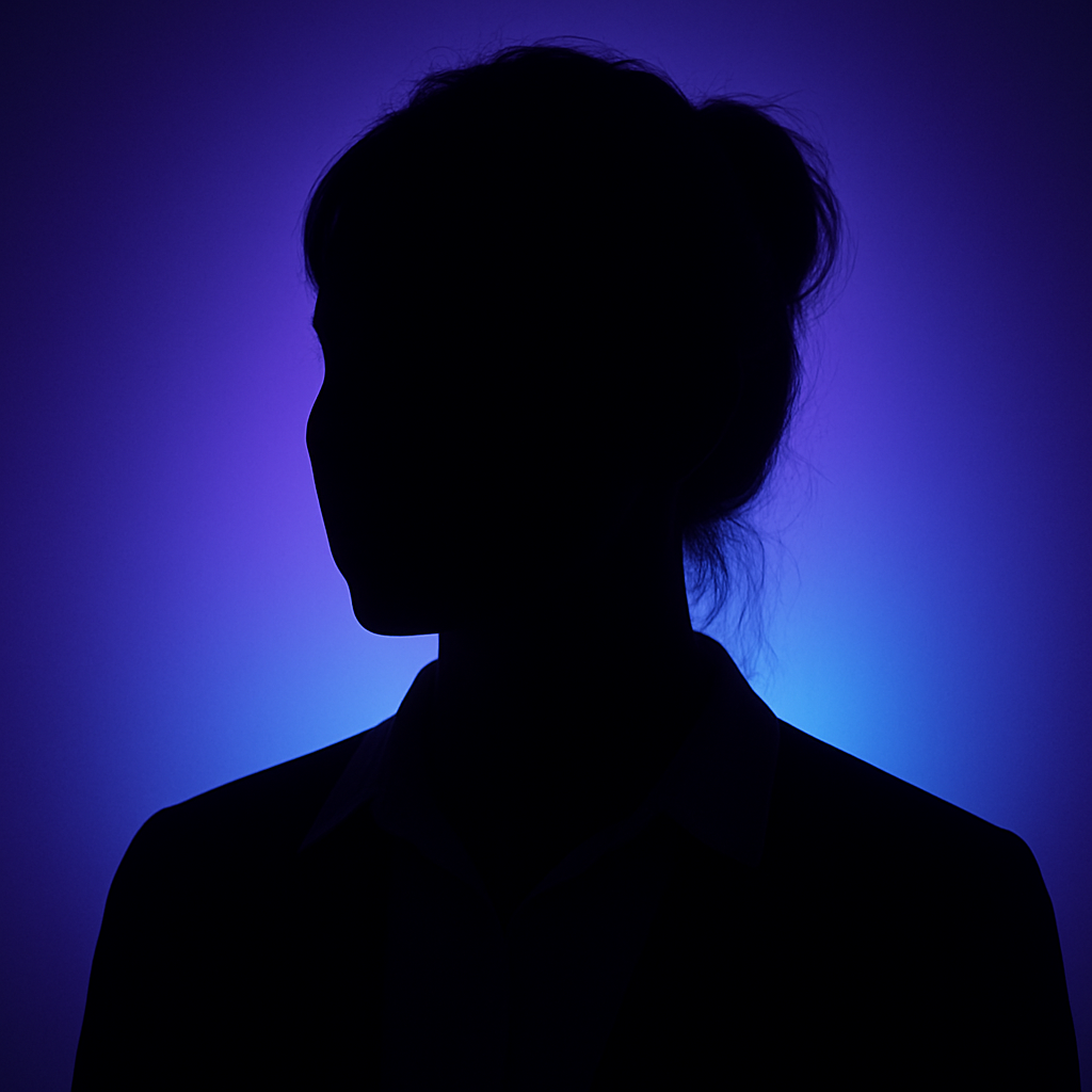 Woman with red curly hair smiles, points at something. Blue patterned dress, brick wall background.