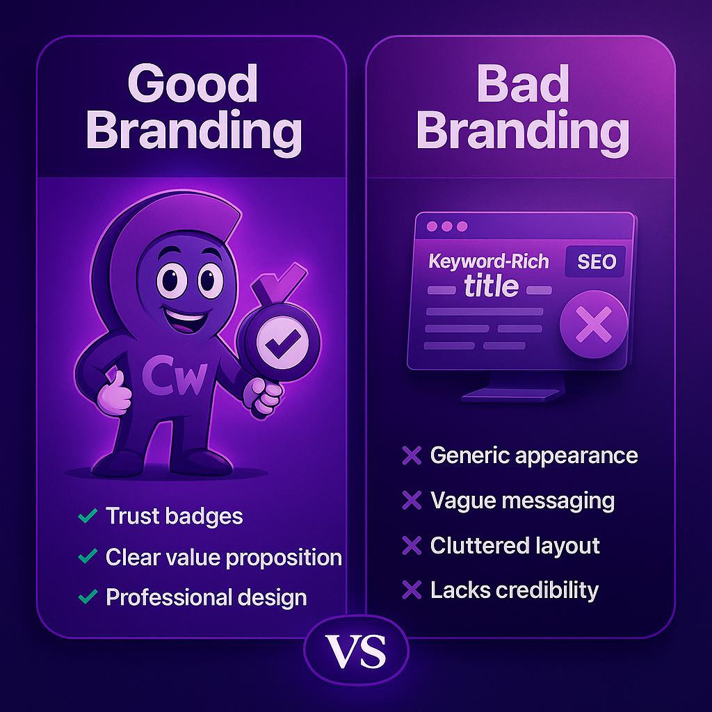 Comparison of good and bad branding: cartoon character vs. cluttered website, with listed attributes.