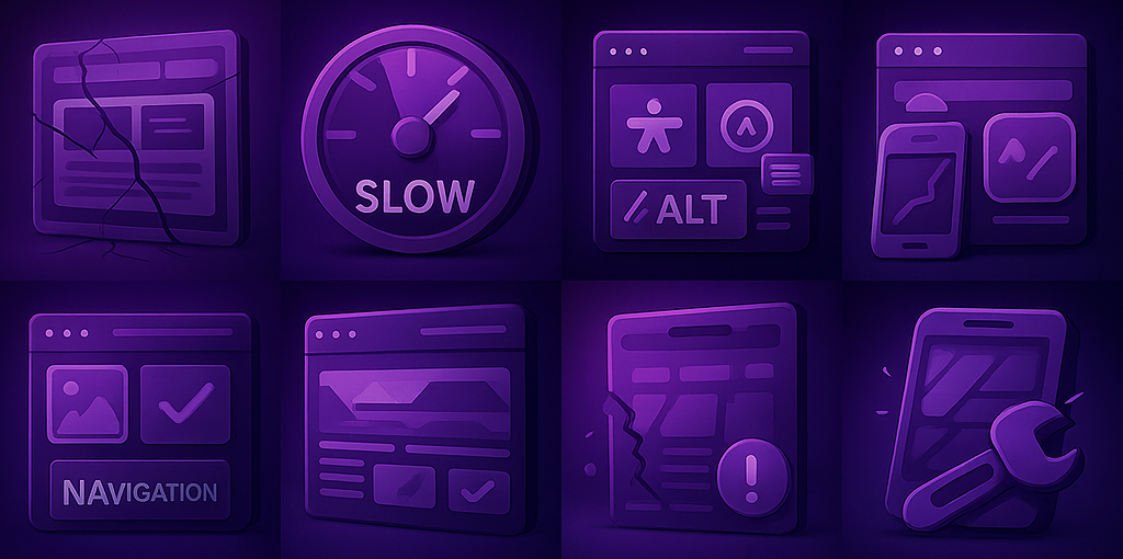 Collection of website-related icons in purple, including a broken web page, slow clock, and robot with a lock.