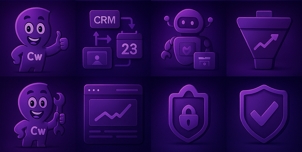 A collection of purple website/tech icons including speed, security, and maintenance themes.