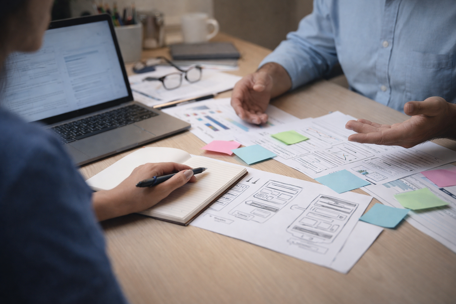 Two people reviewing design sketches at a desk with a laptop, sticky notes, and documents.