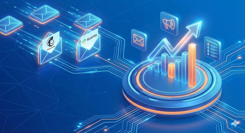 Digital marketing graphic: emails, charts, rising arrow, blue and orange color scheme.