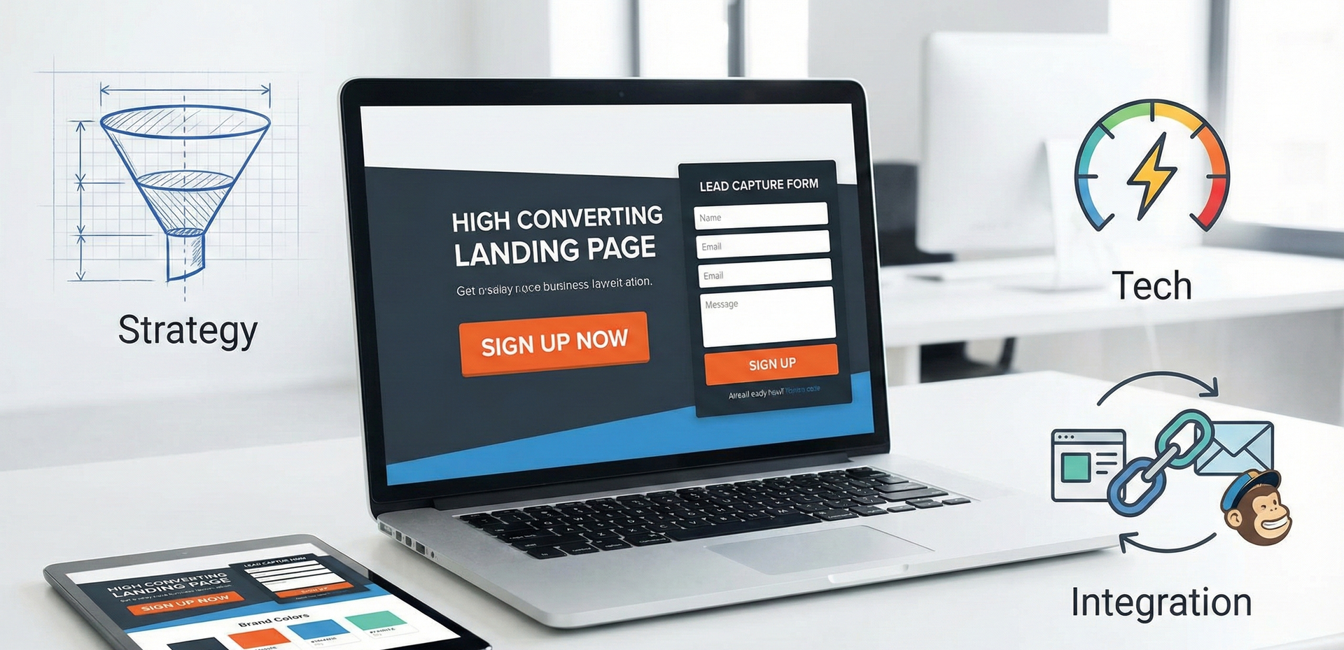 Mobile app and website design, e-commerce concepts. Laptop and phone linked, with growth graph and cogwheel.