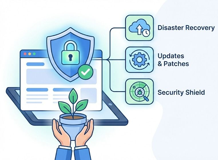 Hands holding a plant in front of a computer screen, with a shield and icons for disaster recovery, updates, and security.