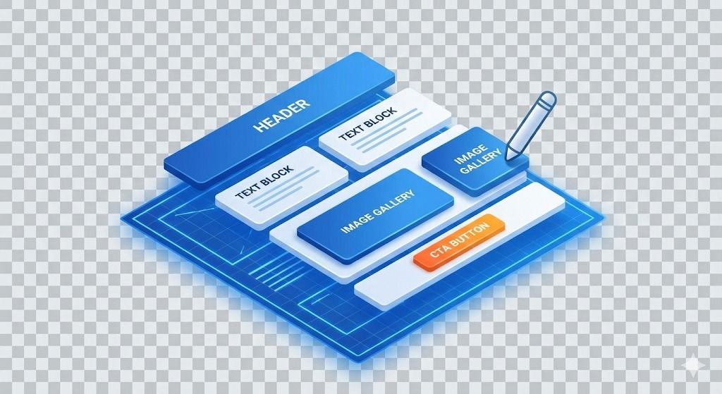 Isometric interface with blue and white blocks, orange button, and a pencil.