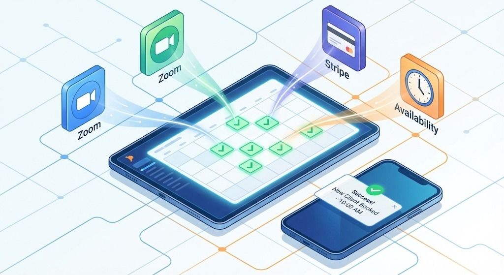 Tablet and smartphone display connected apps with icons, representing data syncing.