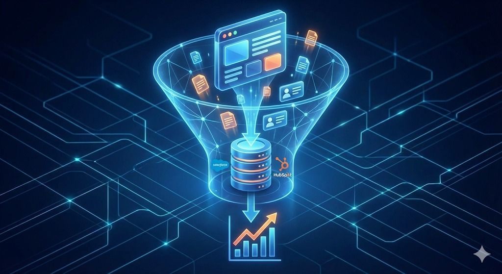 Data funnel illustration: Website, digital elements, funnel shape processing data into growth chart.