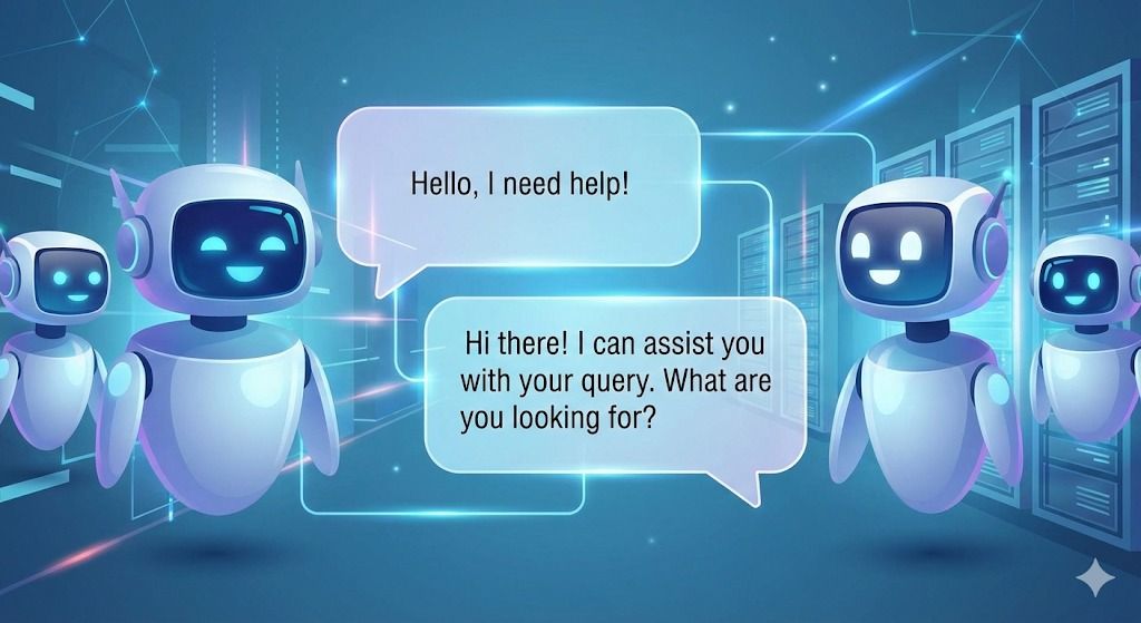 Robots in a digital setting, exchanging chat bubbles. One says, 