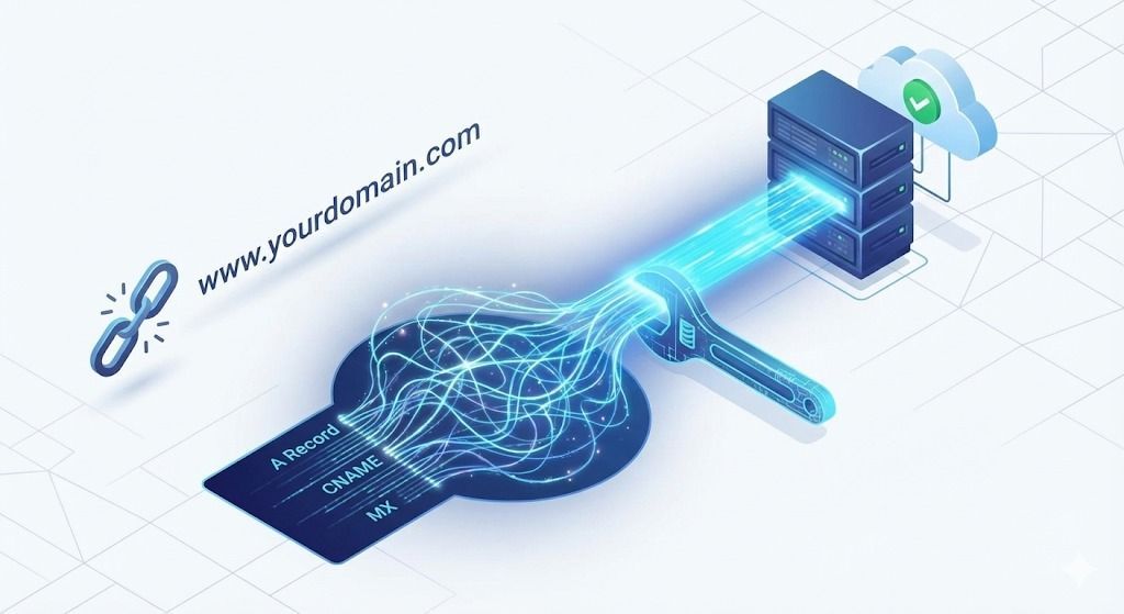 Website data flowing from a broken chain link to a server and cloud, showing online connectivity.