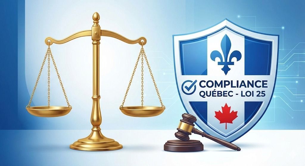 Golden scales of justice, gavel, and Quebec shield with 