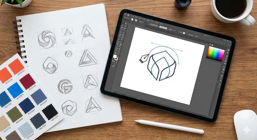 Digital design setup: sketches, color palette, tablet with design software, and coffee cup on a wooden desk.