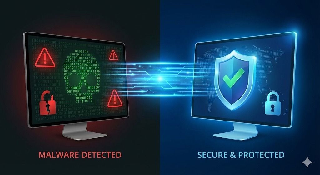 Computer screens, one with malware alert, the other secure with shield and checkmark.