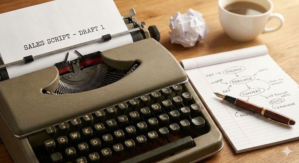 Typewriter with paper, crumpled paper, notepad, pen, and coffee cup on a wooden table.