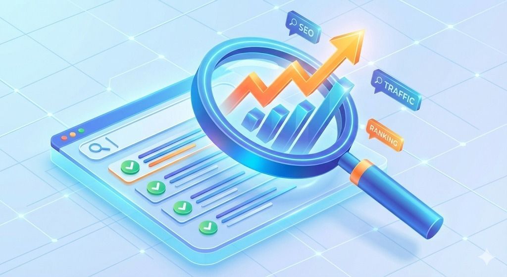 Magnifying glass over a browser window with a rising chart, indicating SEO optimization.