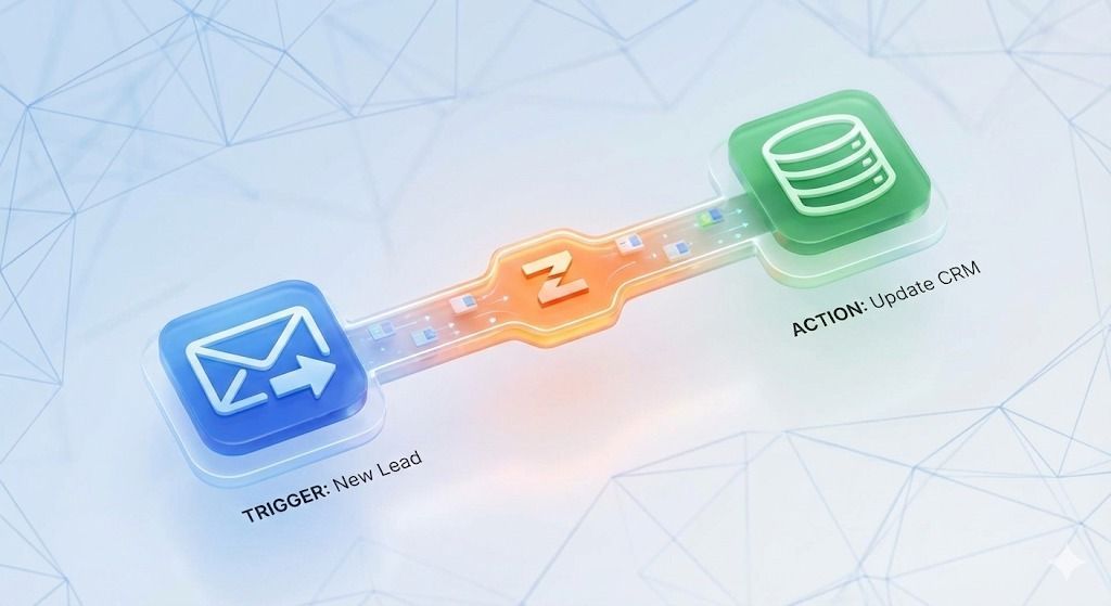 Blue email icon sends data to a central orange processing hub, which then sends it to a green database icon.