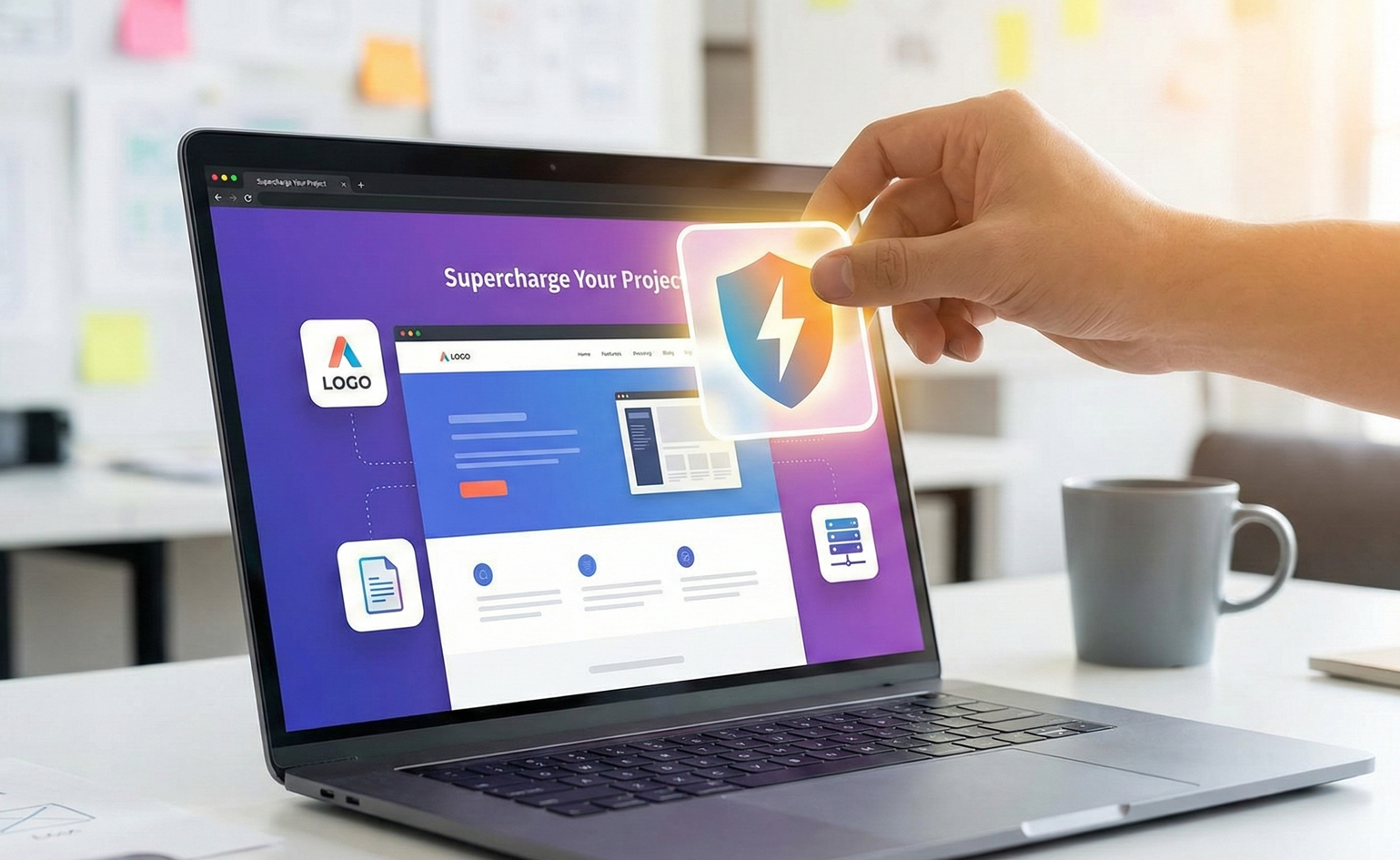 Person placing security shield icon on a laptop screen displaying a website with blue and white design.