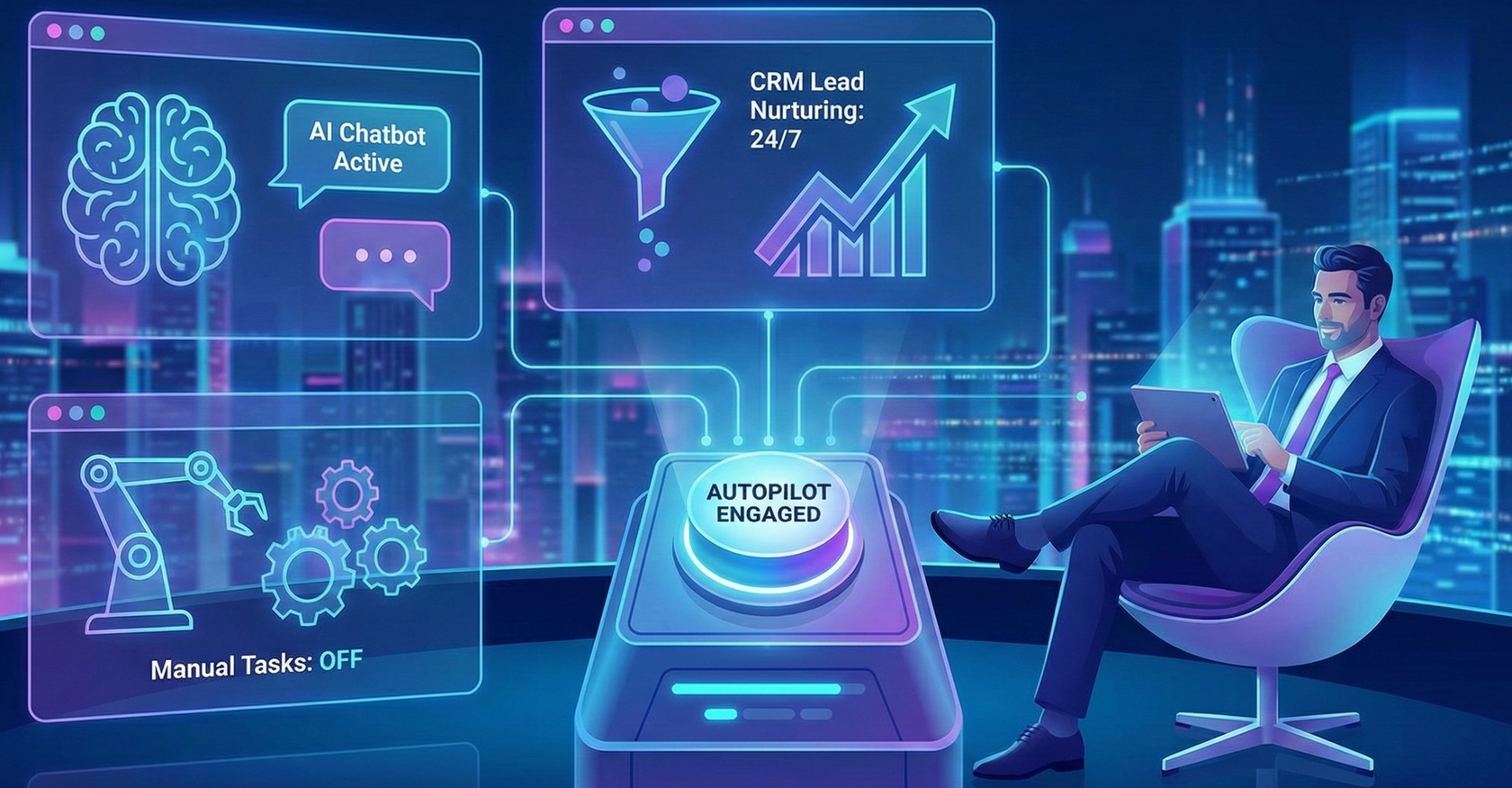 Man using tablet near futuristic interface showing AI, automation, and market growth charts.