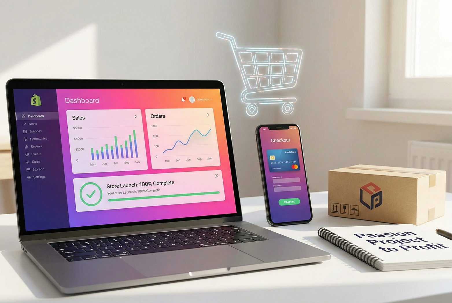 Laptop and phone with e-commerce dashboard, shipping box, and notepad on a desk. Digital shopping cart graphic.