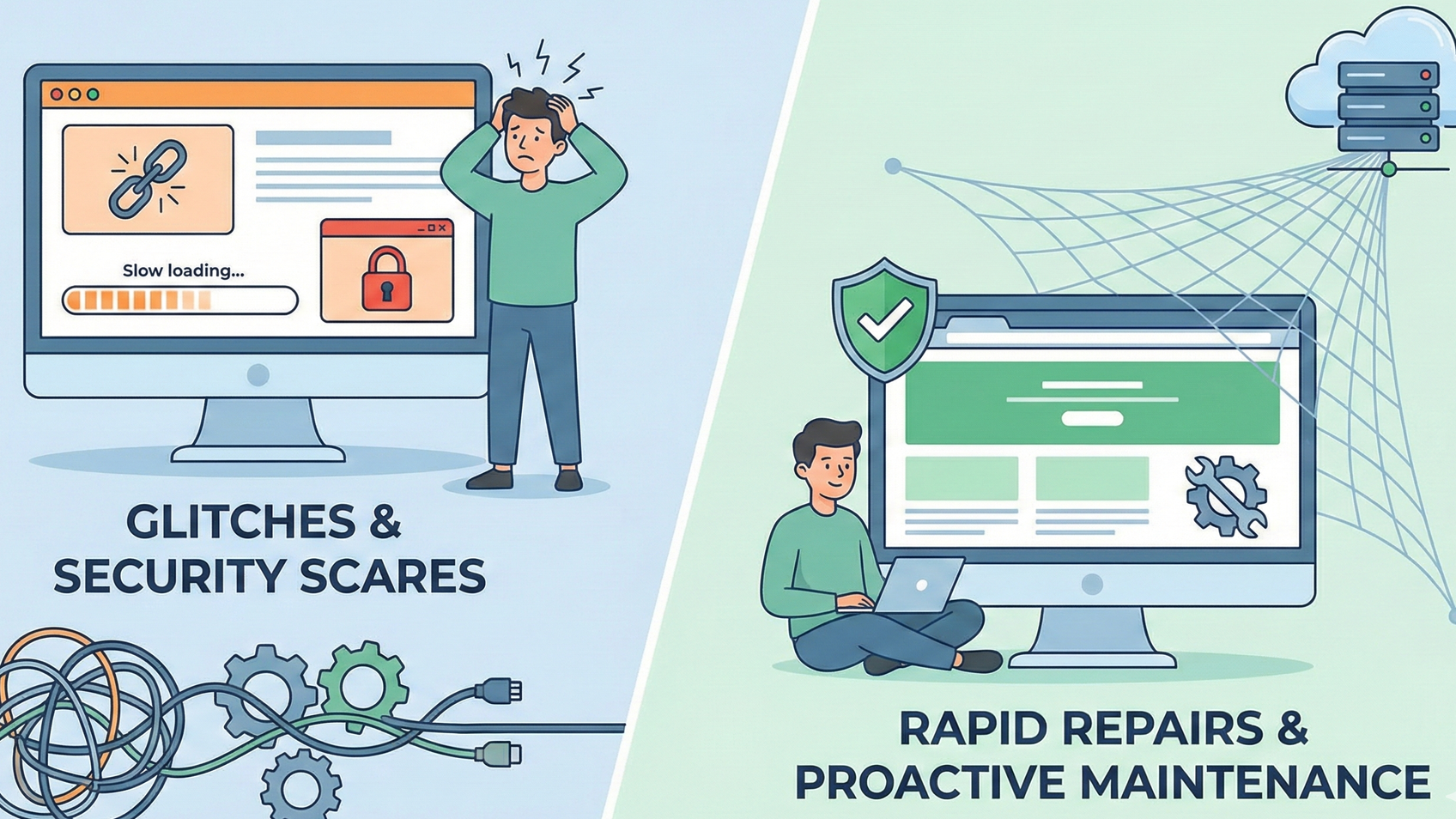 Two-panel graphic: person stressed by broken computer vs. person working on a secure, functioning system.