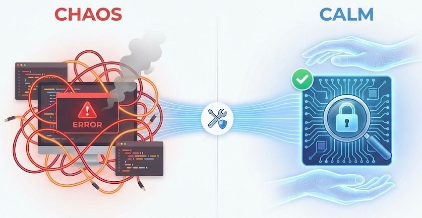 Chaos to Calm: tangled wires, error screen, smoke transform to a secure circuit board with a lock, held by glowing hands.