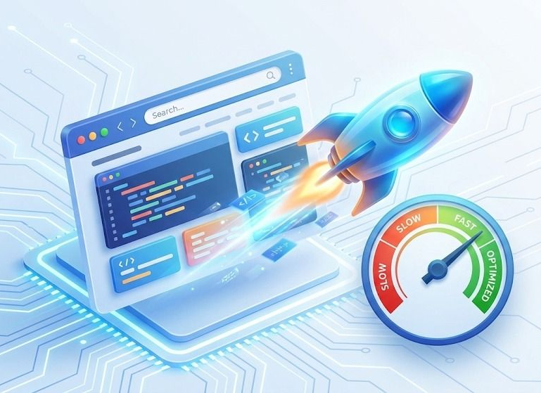 Web browser with rocket launching, indicating fast website speed. Speedometer shows “FAST.”