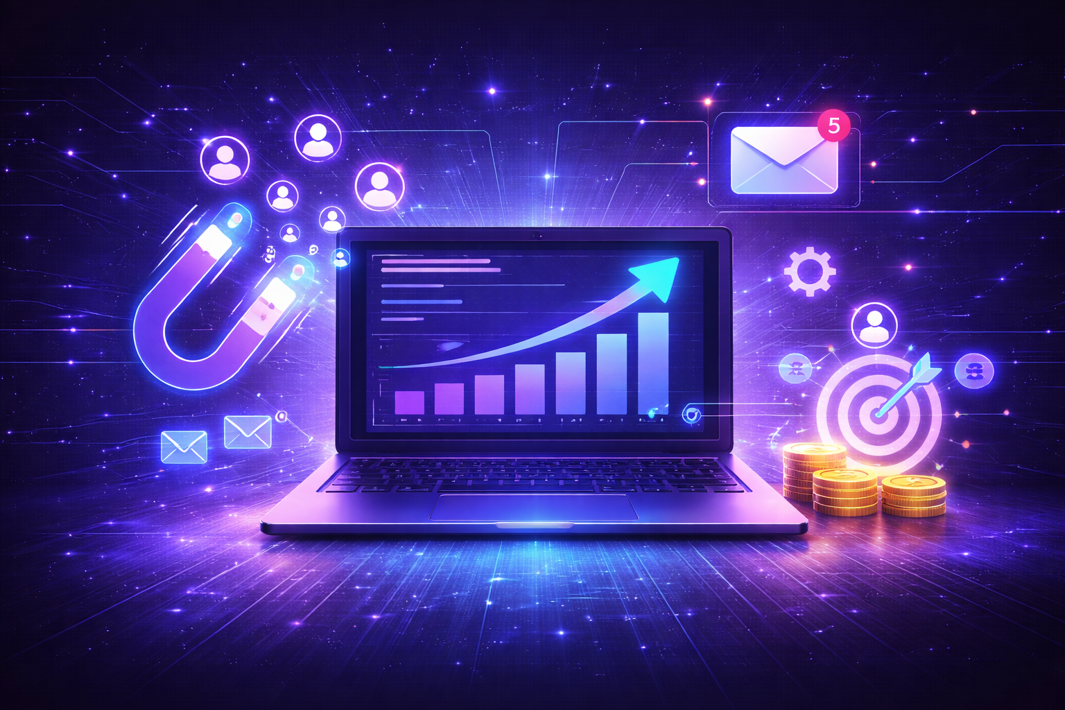 Laptop with rising graph, magnet attracting user icons, email icon, target, and coins, all in a blue-purple digital setting.