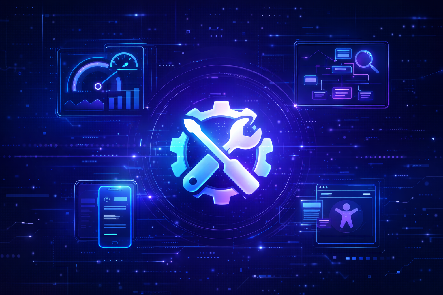 Blue digital illustration of a gear with a wrench and screwdriver surrounded by graphs and user interface icons.