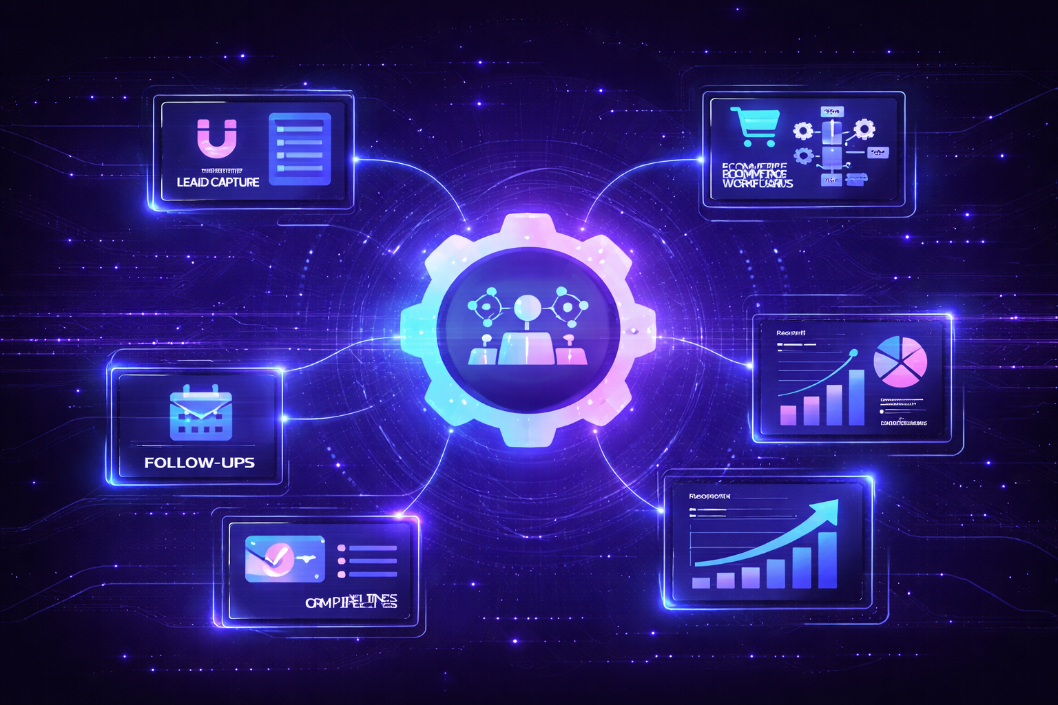 Digital marketing workflow concept with interconnected icons and central gear.