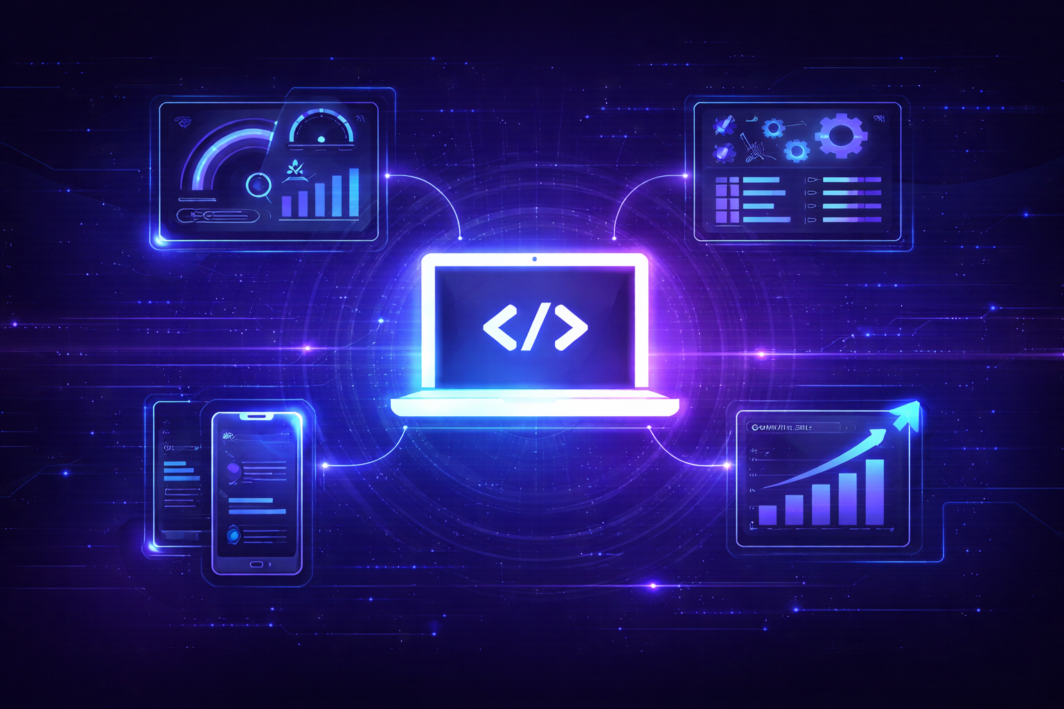 Laptop with coding symbol in a network with connected devices and data visualizations, glowing blue on a dark background.