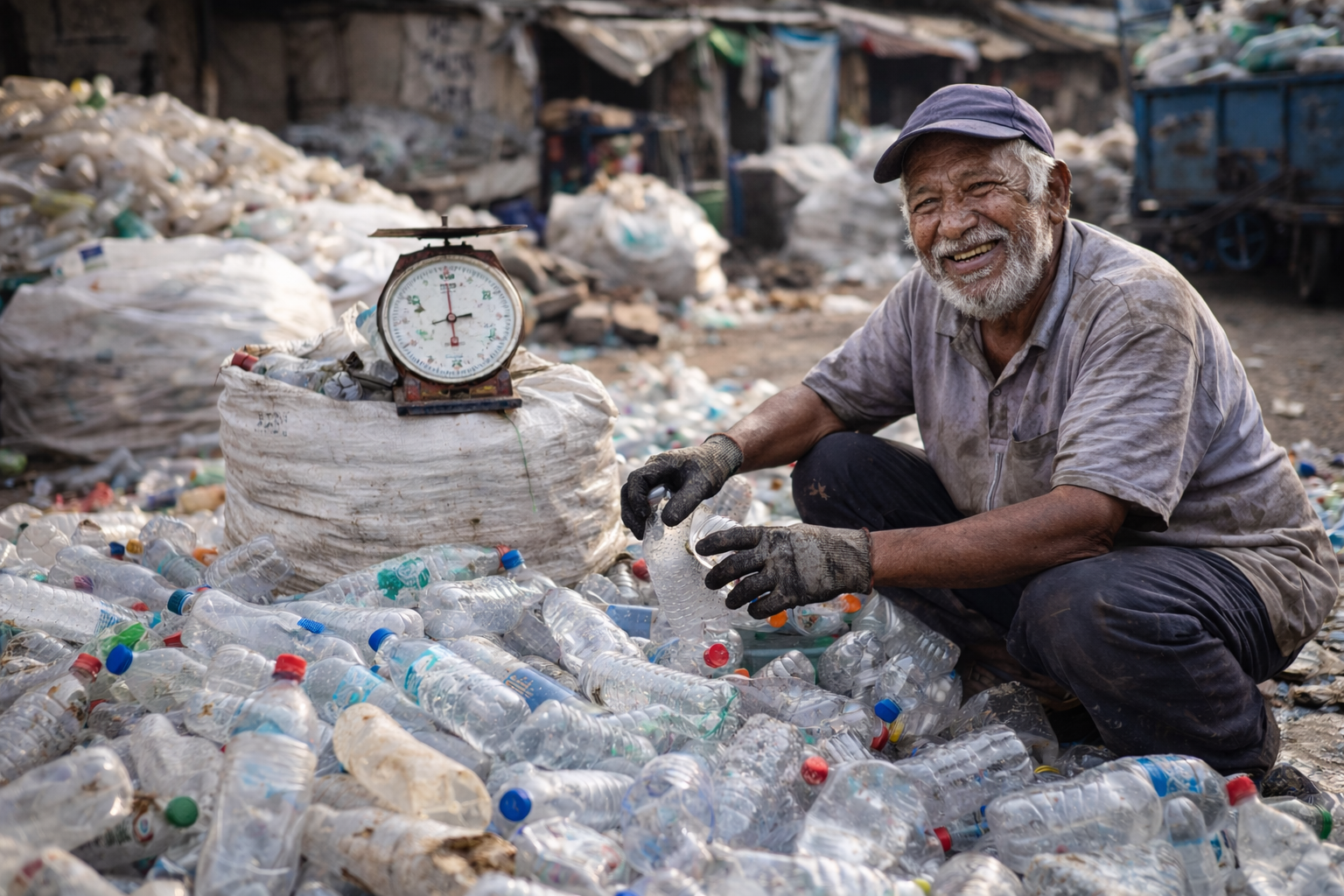 Group of people posing in front of a colorful wall; some wearing blue shirts and caps, holding a cake.
