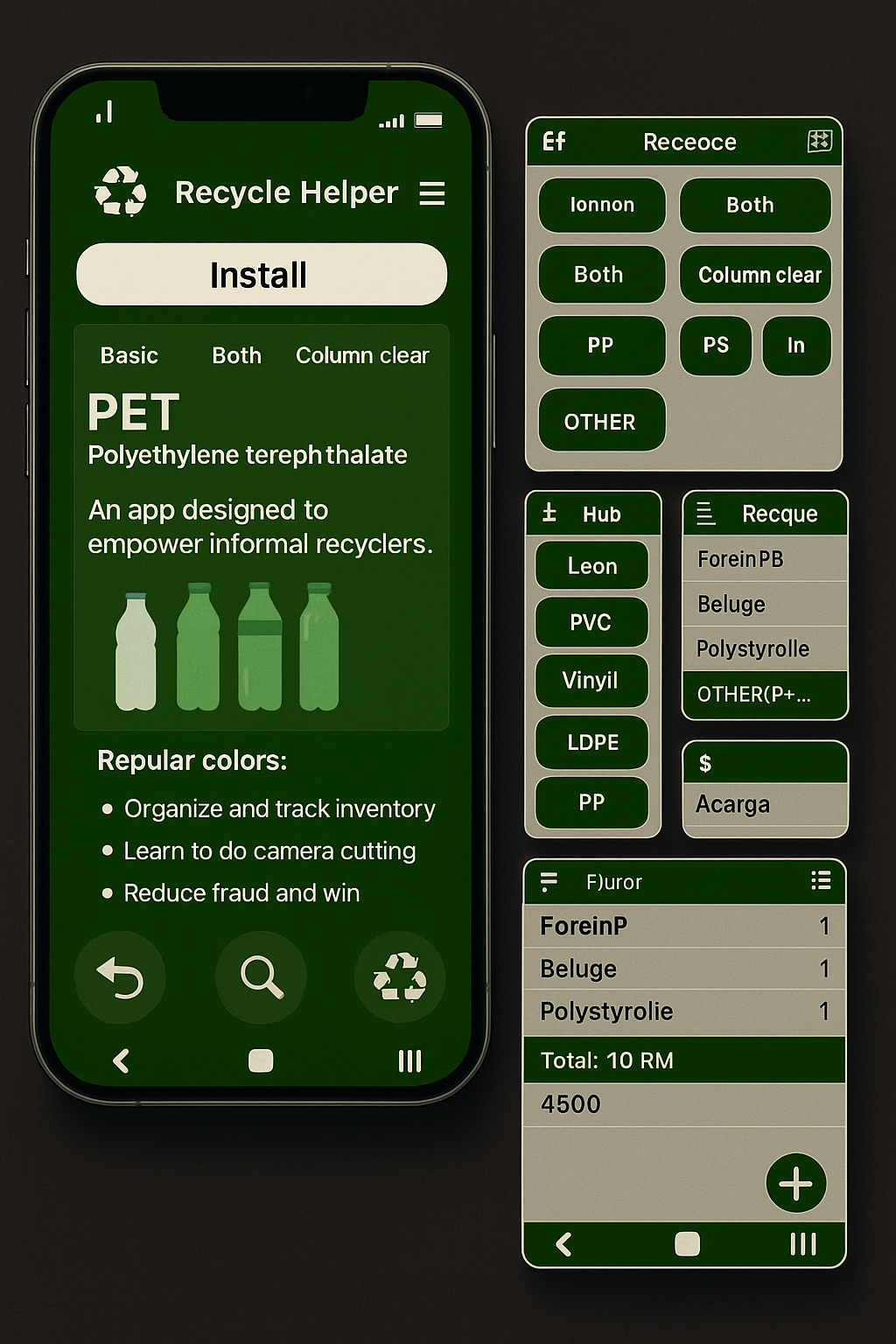 Mobile app "Recycle Helper" on a phone, with menu options and recycling information in green.